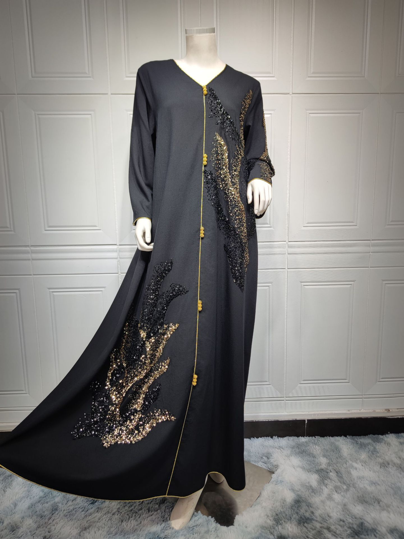 Langärmliges, mit Pailletten besticktes, lockeres Damenkleid für muslimische Frauen_voghion.com