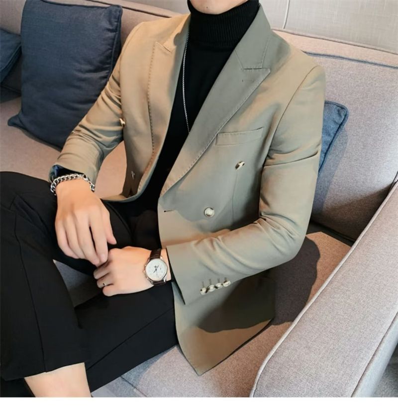 Dubbelrijs Casual Pak Jas Voor Heren Blazers Lente Herfst High-end Brits Zakelijk Trendy Afslankend Glad Silhouet_voghion.com