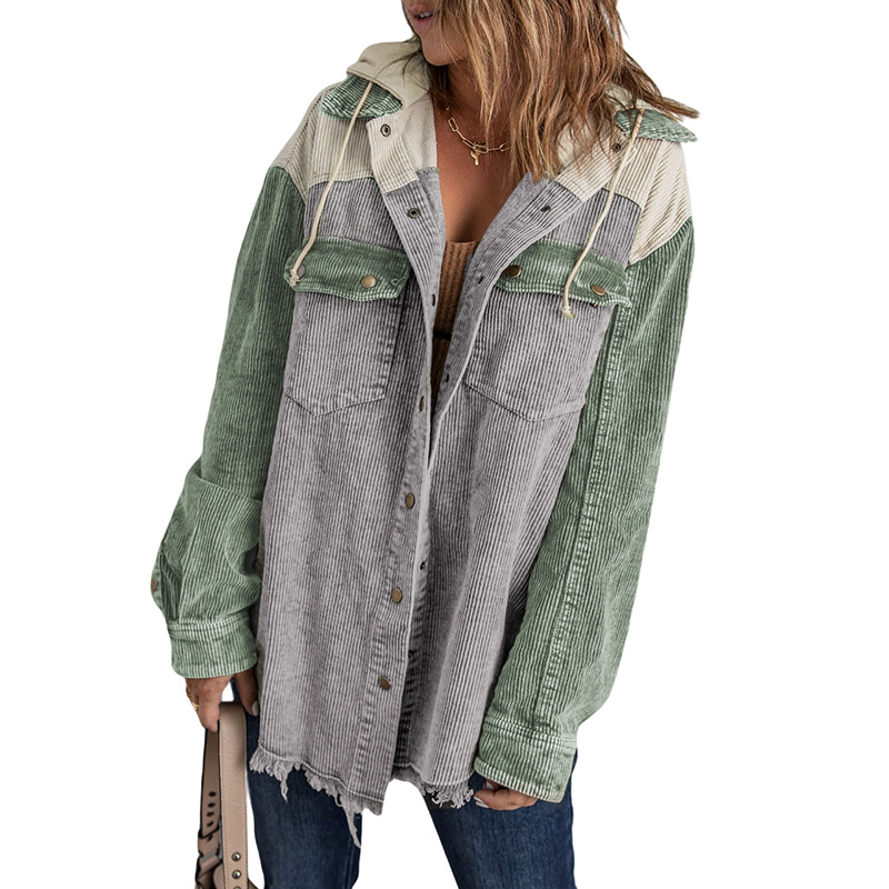 Giacca monopetto in velluto a coste con cappuccio e bottoni, nuova collezione autunno inverno Shiying, per donna_voghion.com
