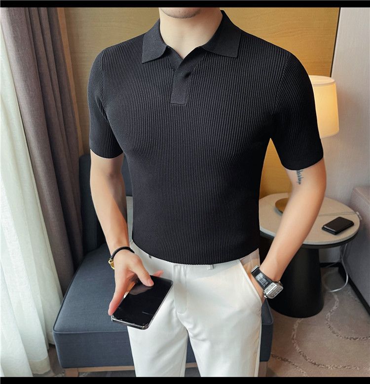 Maglione lavorato a maglia a maniche corte con scollo a V da uomo, colletto a gabbiano, stile business casual britannico, estivo, in seta ghiacciata_voghion.com