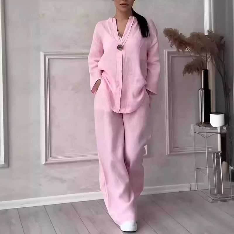 Women's Casual Linen Blend Long Sleeve Top & Wide Leg Pants Set - Breathable Comfortable Outfit For Work & Daily Wear_voghion.com