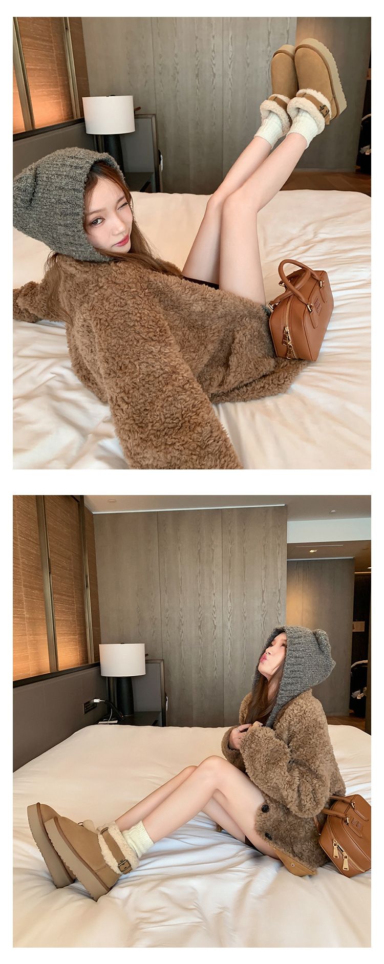 Botas de neve femininas ShoeGlobe Sheii Su Yinyin First Muse, cano curto, de lã e com sola grossa e quente._voghion.com