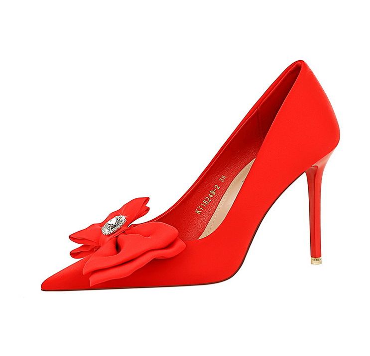 18249-H33 Korean Fashion Banquet Thin Heels, Shallow Mouth, Pointed Water Diamond Bow, High Heel Single Shoes For Women_voghion.com