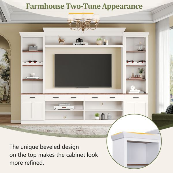 ON-TREND Farmhouse 4-Piece Entertainment Wall Unit Set With Bookshelf For TVs Up To 70', Walnut TV Stand With Adjustable Shelves, Mid-Century Large_voghion.com