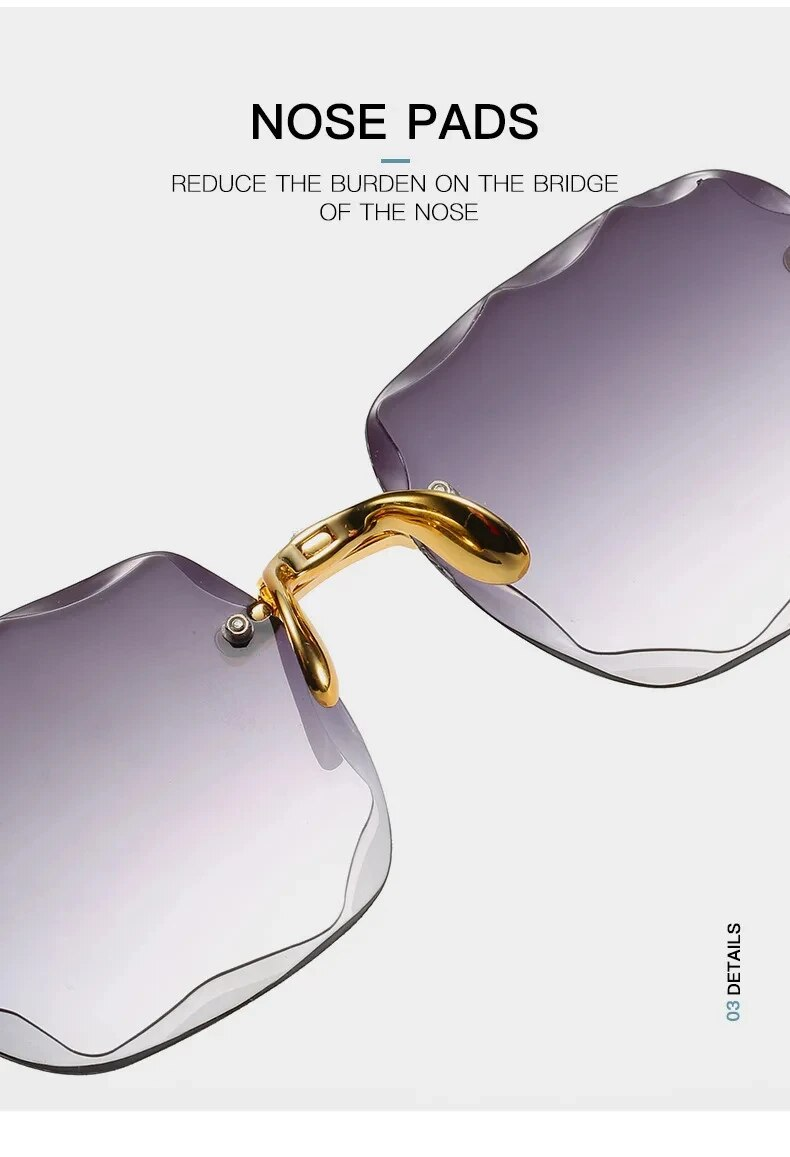 Neuheiten 2024 Neue randlose Damen-Sonnenbrille, modische Verlaufsgläser, Sonnenbrille für Damen, Vintage-Legierung, Beine, klassische Designer-Sonnenbrille_voghion.com
