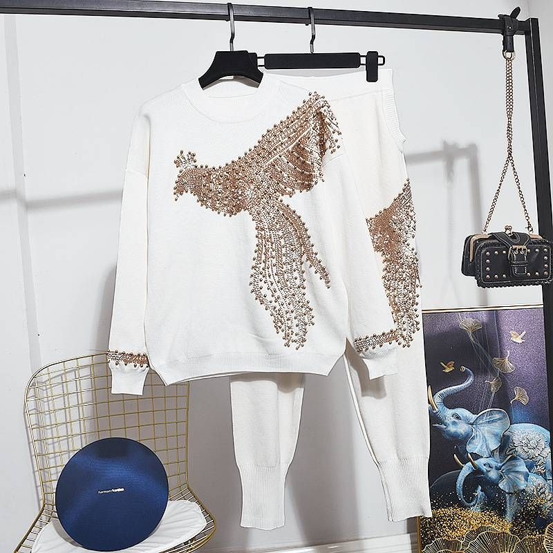Dameskleding Sequined Sweater Harem Pinto Broek Tweedelige Set_voghion.com
