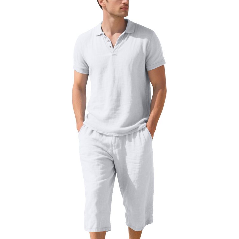 Polo da uomo estivo, casual, ampio, traspirante, in lino, con maniche corte e pantaloni a sette quarti_voghion.com