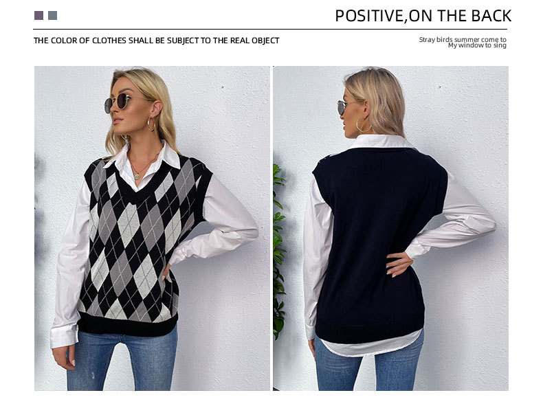 Warme Strickweste mit V-Ausschnitt und Karomuster für Damen_voghion.com