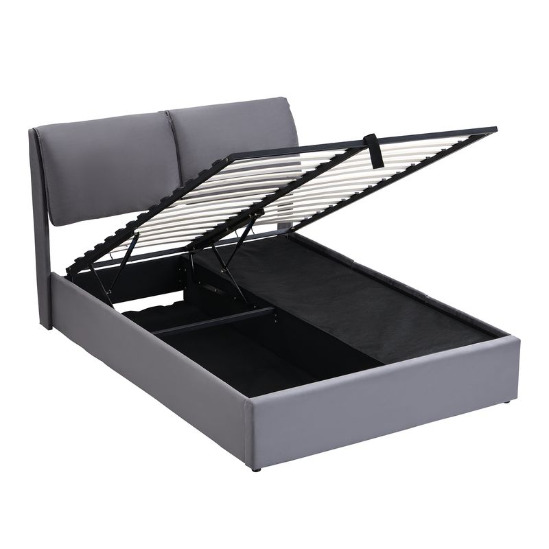 Cadre de lit coffre hydraulique rembourré en velours avec 3 tiroirs, sommier à lattes, tête de lit, 140 x 200 cm, gris, matelas non inclus_voghion.com