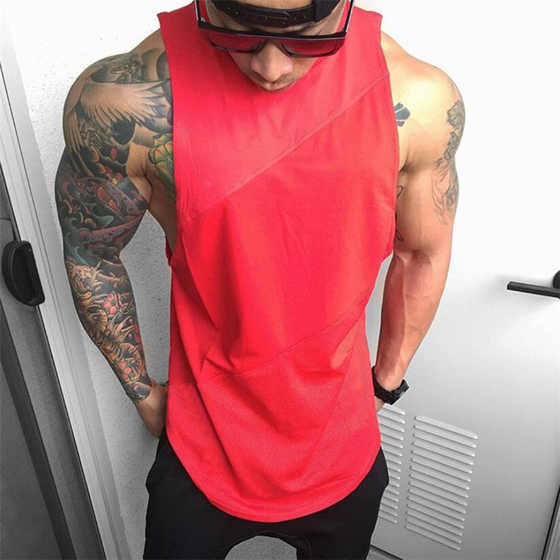 Gilet fitness da uomo in rete patchwork di cotone con giunzioni a tre sezioni, gilet fitness in puro cotone tinta unita, lungo e ampio_voghion.com