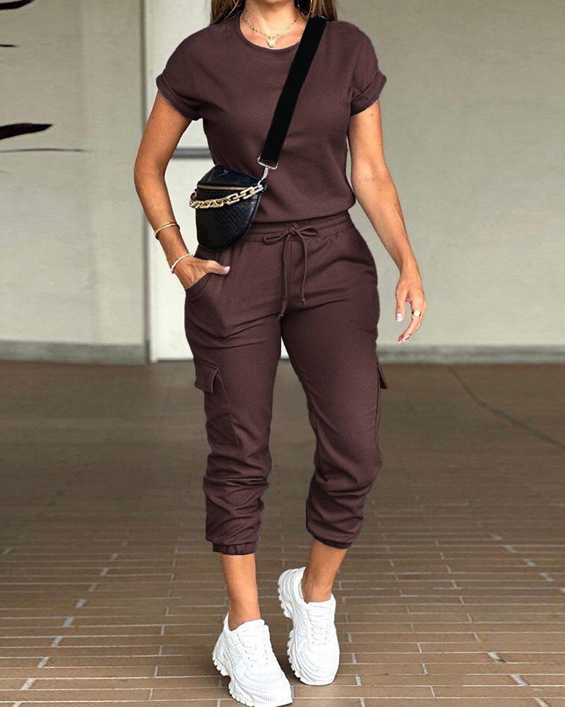 Women's Clothing Solid crew neck top and multi-pocket cargo jogging pants set_voghion.com