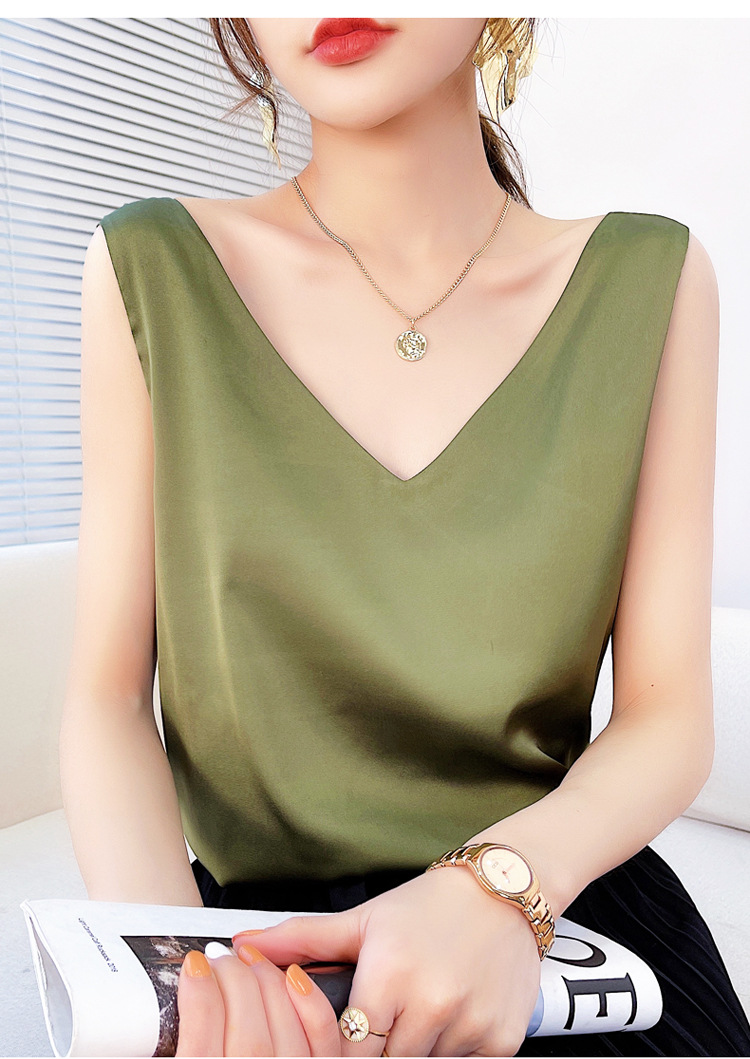 Canotta ampia e versatile da donna, in raso, con scollo a V e spalline larghe, stile primavera/estate 2025, all'ingrosso_voghion.com