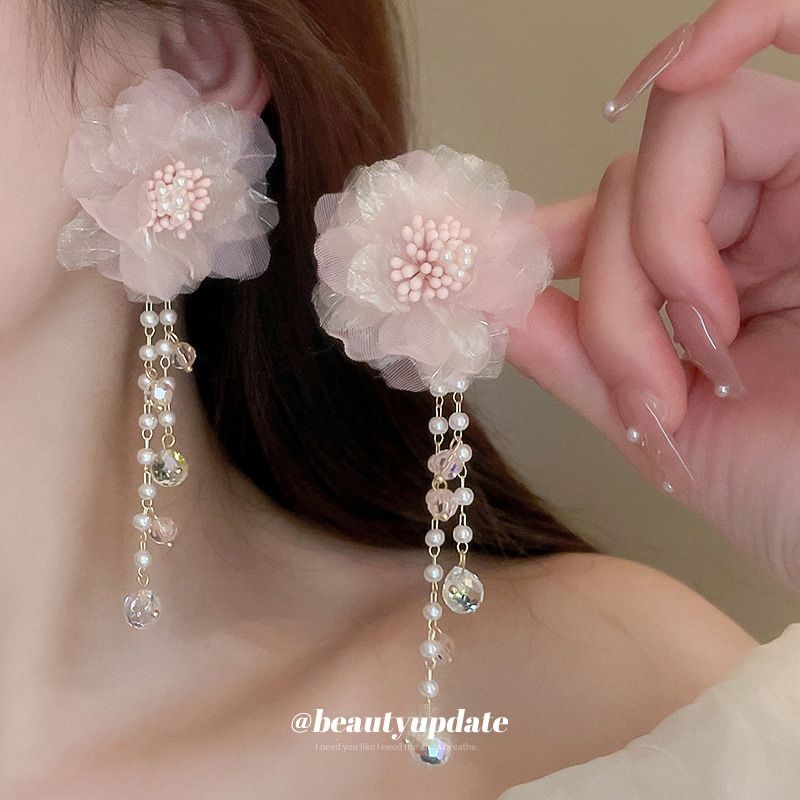 Silber Nadel Rosa Mesh Blume Perle Quaste Modische Design Süße Temperament Ohrringe Für Frauen_voghion.com