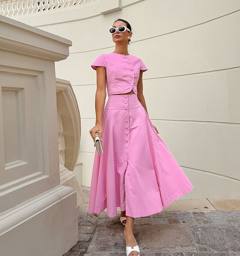 Vêtements pour femmes printemps et été, nouvelle jupe rose en coton taille haute à col en V, vêtements pour femmes à la mode, costume deux pièces_voghion.com