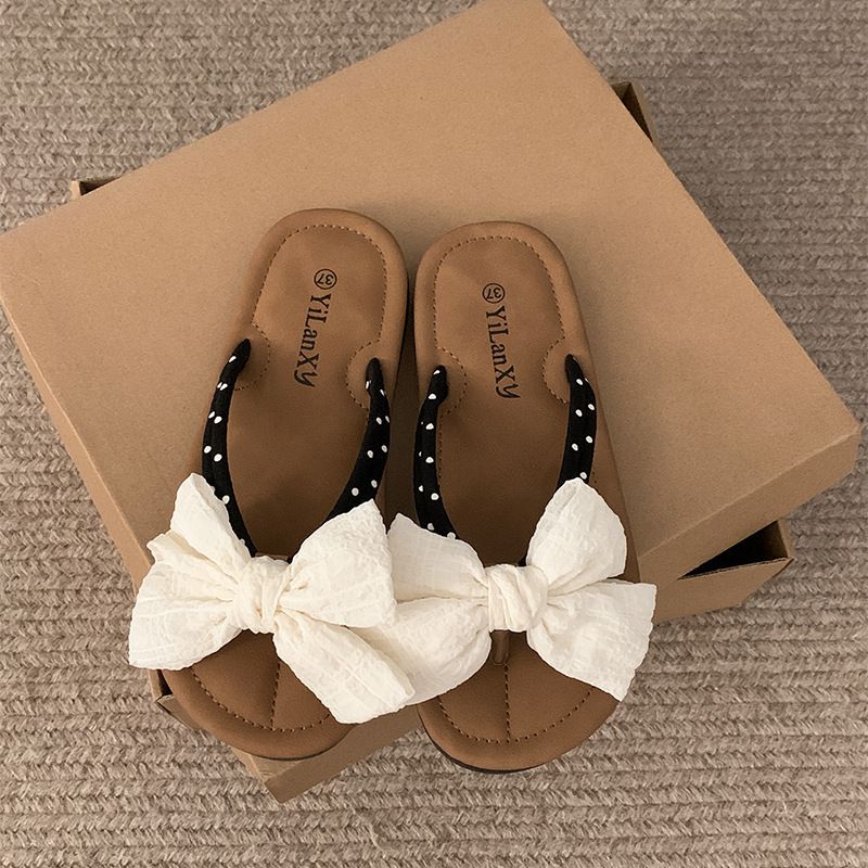 Infradito piatte con fiocco carine per donna, estate 2024, nuovo stile da abbinare a gonne, sandali leggeri e versatili_voghion.com
