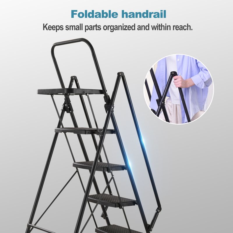 Folding Step Stool With Bandwidth Anti Slip Pedals And Tool Trays, Lightweight And Portable Steel Step Stool, Perfect For Kitchen And Home, Indoor And Outdoor Use, Sturdy Steel Steps (6 Levels)_voghion.com