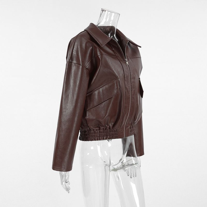 Damenbekleidung Vintage-inspirierte Bomberjacke für Damen – Fliegermantel aus PU-Leder, entspannte Passform, klassisches Braun, Freizeit- und Bürokleidung_voghion.com