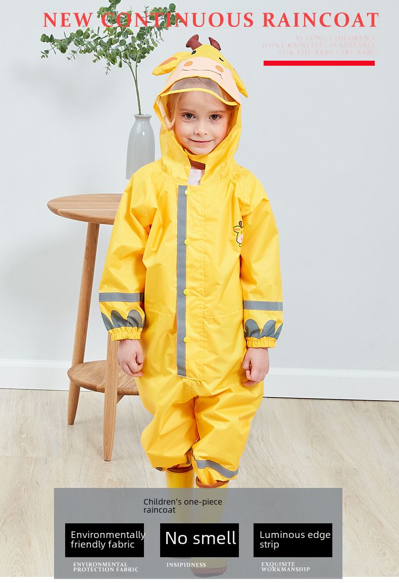 Cross-border three-dimensional boys and children's conjoined raincoat girls light hooded children's poncho reflective strip factory direct sales_voghion.com