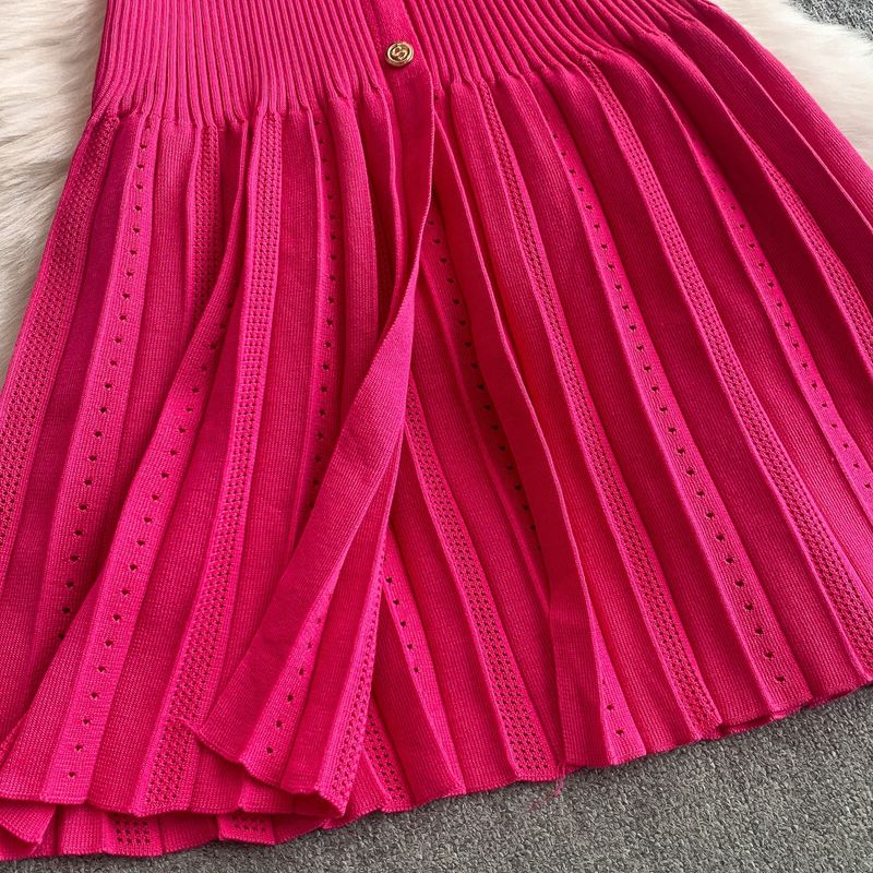 Women's Clothing Elegant V Neck Single Breasted Short Sleeved Dress Knitted Elastic Waist Hollow Fishtail Long Skirt_voghion.com