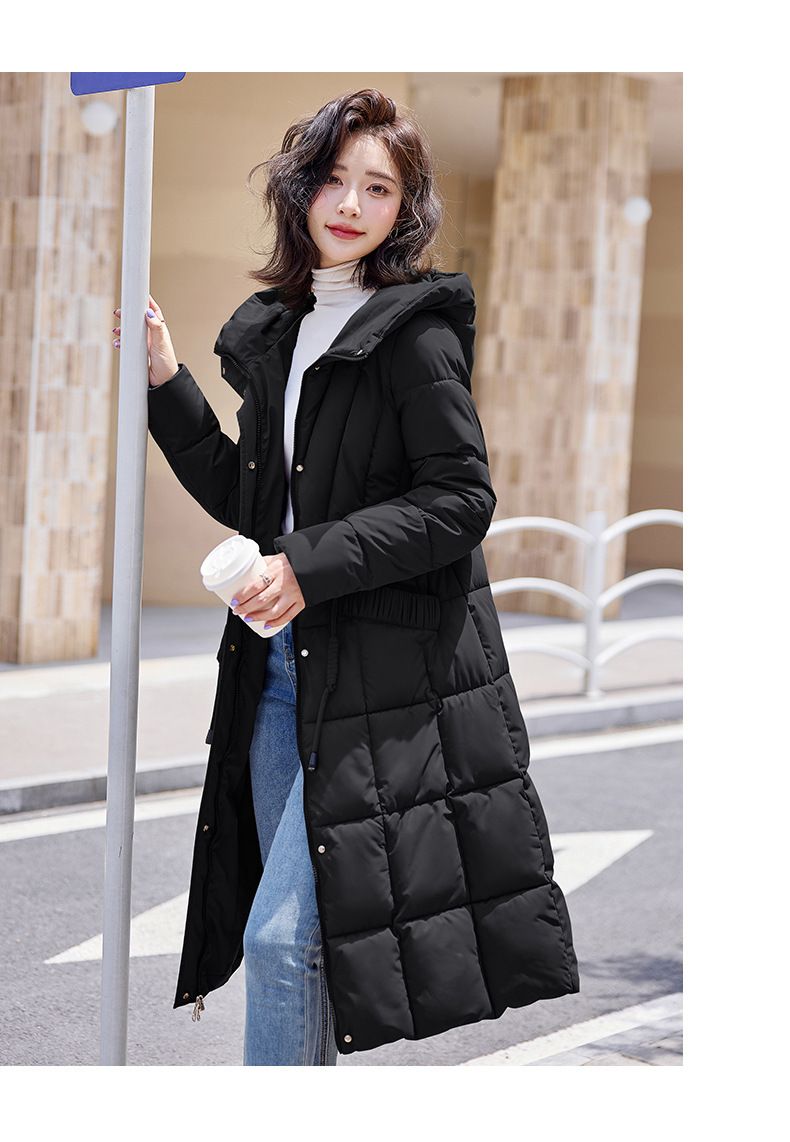 Elegant Long Puffer Coat For Women – Slim-Fit Belted Hooded Winter Jacket With Knee-Length Warmth_voghion.com