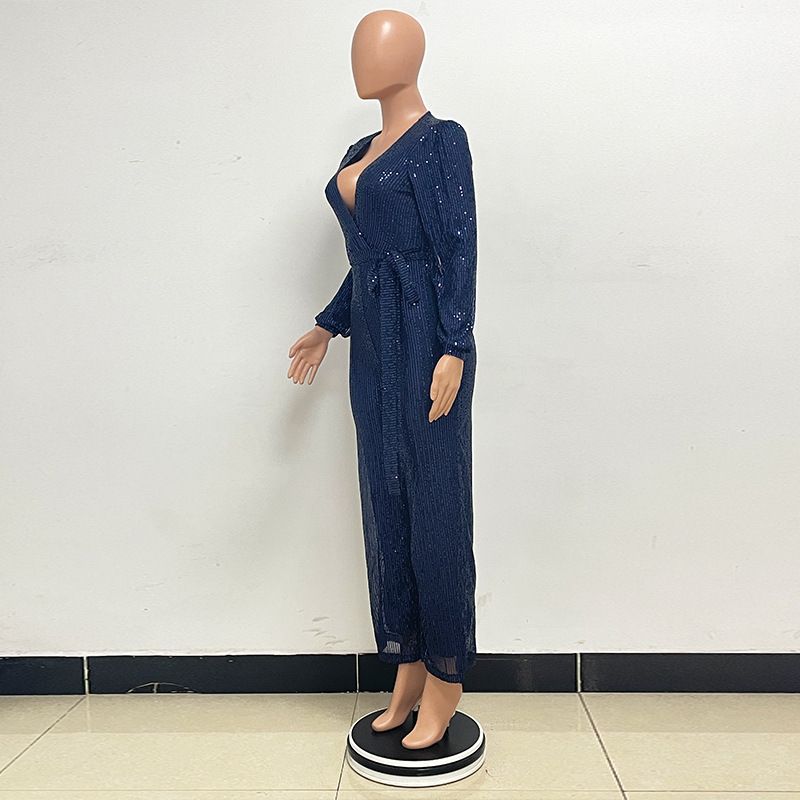 Damkläder Ins Style Deep V Mode Casual Jumpsuit Långärmat Bälte Paljett Jumpsuit Dam_voghion.com
