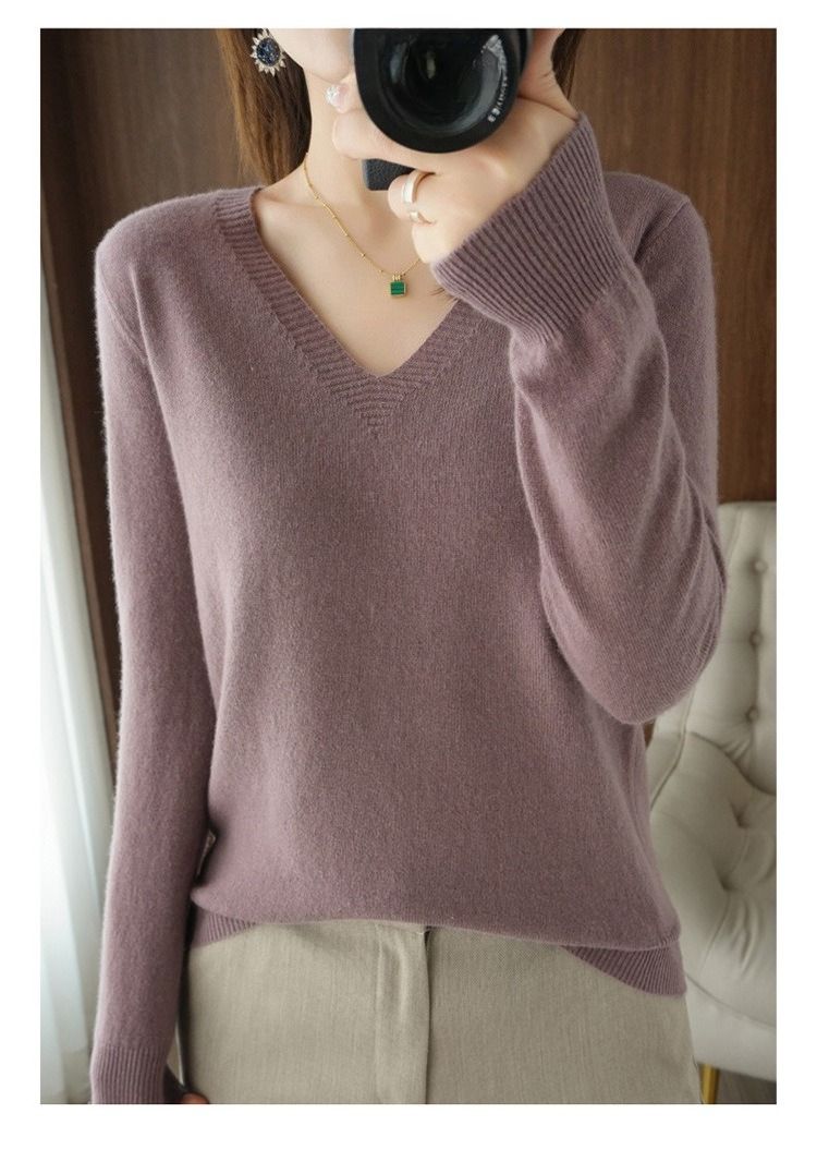 K New Women's Knitted Sweater With V-neck Long Sleeves Pullover Top Plain Color Loose Base Layer Slimming Wearable Outside. No Accessories_voghion.com