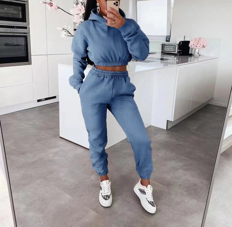 Women's Clothing Trendy Streetwear Ribbed Knit Crop Top & Jogger Set - Sexy Comfort Fit, Thickened Warmth, Casual Two-Piece Outfit (Ocean Green)_voghion.com