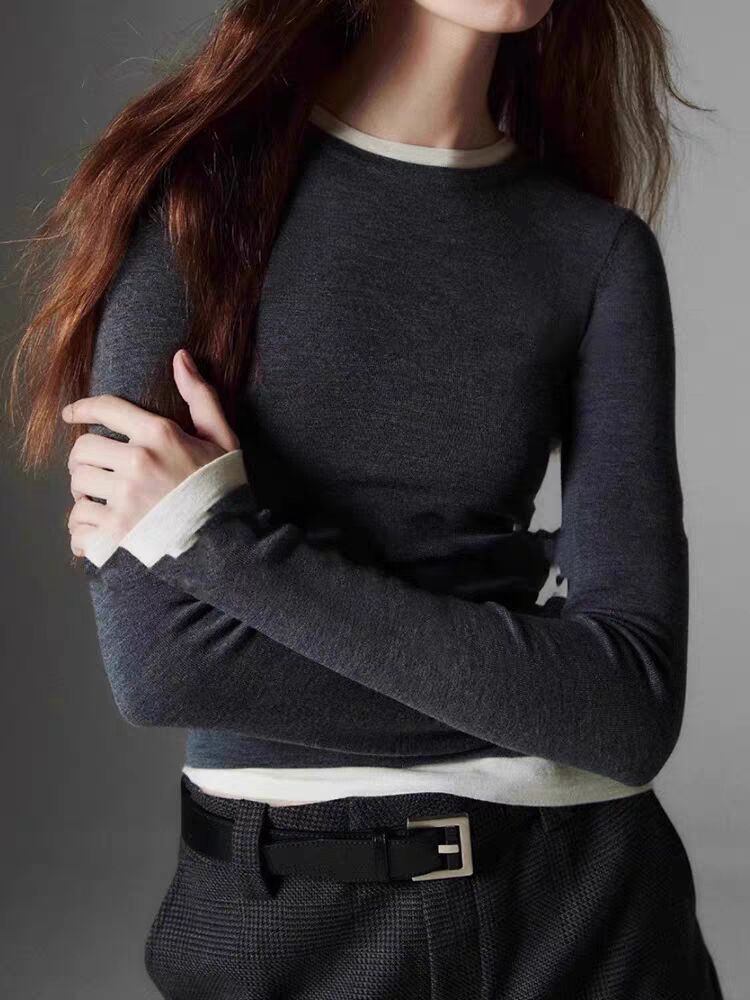 Zwei weiße Bordüren mit kontrastierender Basis, Strickpullover für Damen, Herbst und Winter 2024, hochwertige europäische Mode_voghion.com