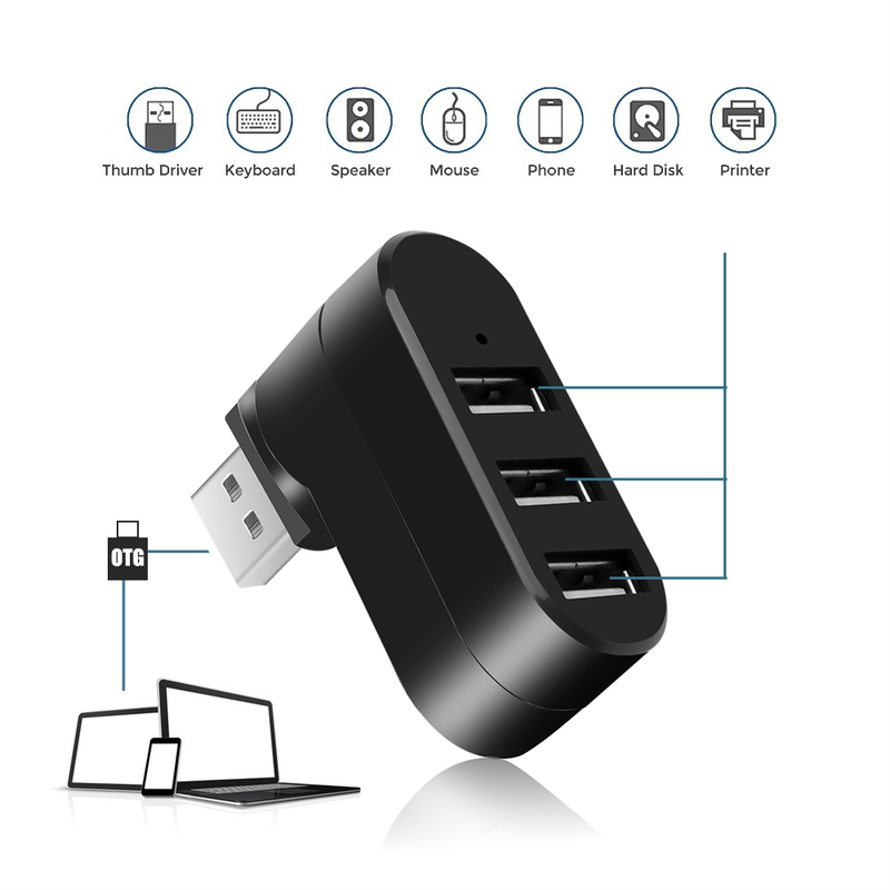 Hub 3.0 Adapter Rotate High Speed U Disk Reader Splitter 3 Ports USB 2.0 for Xiaomi book Pro Laptop PC_voghion.com