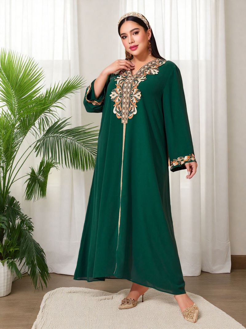 Women's Clothing Eid Al Adha Embroidery Applique Dress Muslim Party Dinner Robe_voghion.com
