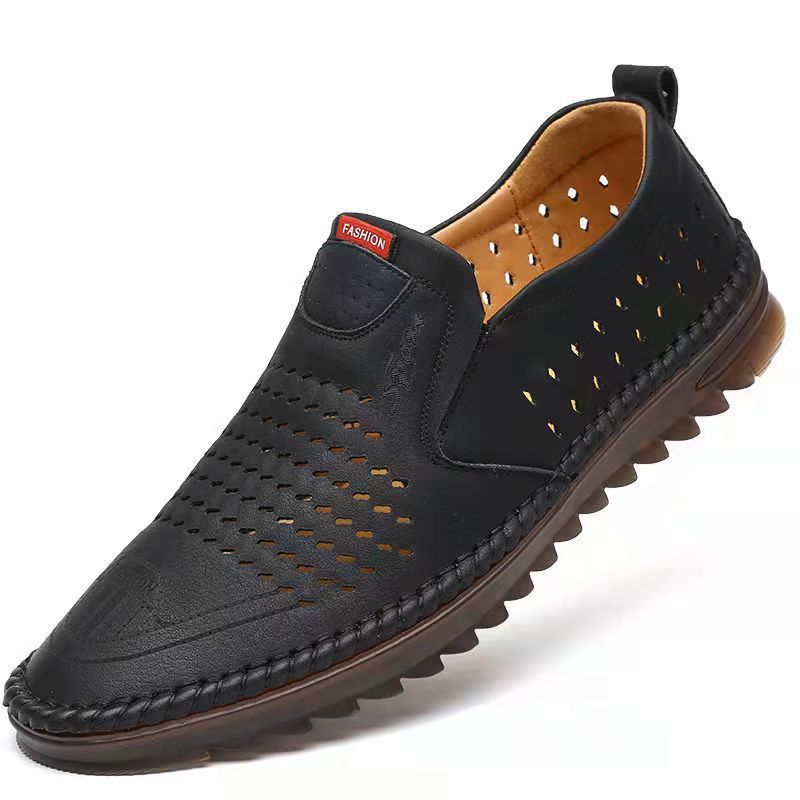 Mesh Sommer Hohl Weiche Leder Sandalen Atmungsaktive Loch Mittleren Alters Vater Herrenschuhe_voghion.com