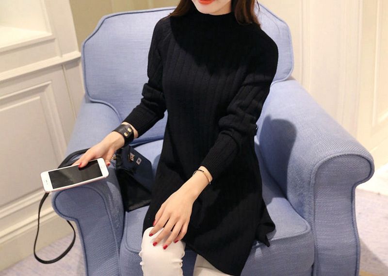Pull mi-long à col roulé et ourlet rayé pour femme, style coréen, nouvelle collection automne-hiver_voghion.com