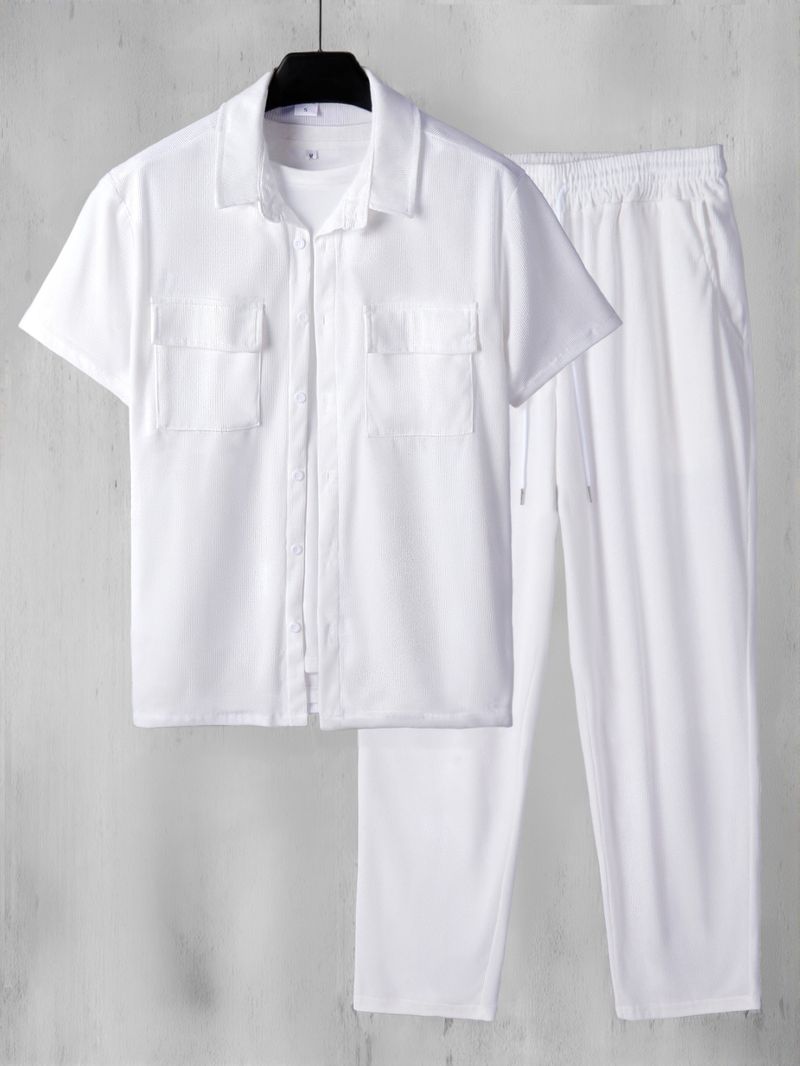 Men's Plus Size Corduroy Short Sleeve Shirt & Pants Set - Summer Casual Outfit With Button Front & Pockets (White, Black, Navy, Beige, Caramel)_voghion.com