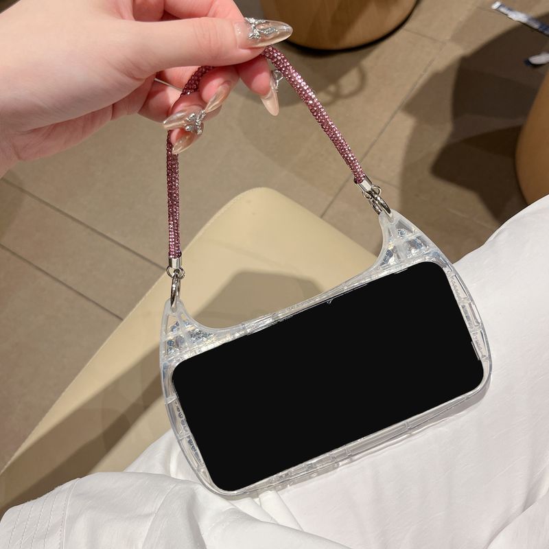 High-end Crystal Bag With Single Shell Same Style Flash Diamond Strap Phone Case For IPhone 16 Pro Max 15 Pro 14 13 12 11 Case_voghion.com