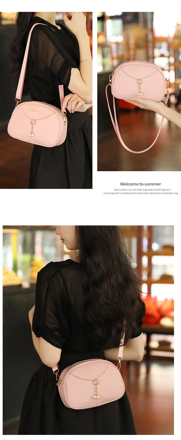 Bolsa transversal feminina com relevo ondulado - Bolsa para câmera de cor sólida com detalhes em pérola_voghion.com