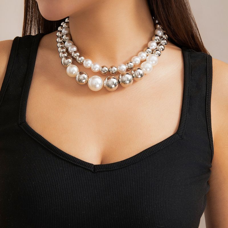 Collar de cuentas metálicas exageradas estilo punk con temperamento de gargantilla, conjunto de collar corto de perlas_voghion.com