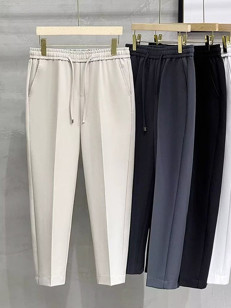 Men's Clothing 2024 Spring And Autumn New Slim Elastic Waist Small Foot Trousers Men's Casual Nine-Point Pants Drape Trendy Straight_voghion.com