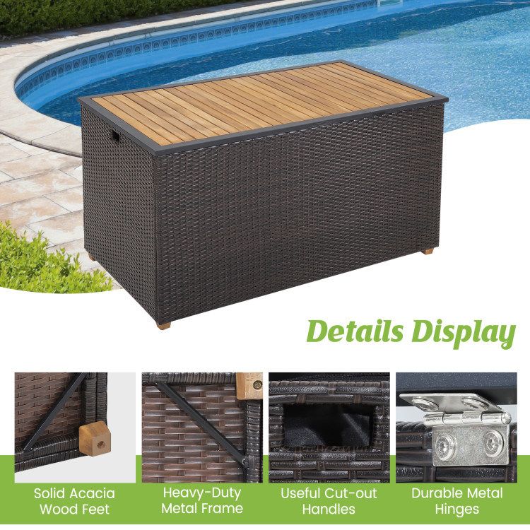 134 Gallon Rattan Storage Box with Zippered Liner and Solid Acacia Wood Top_voghion.com
