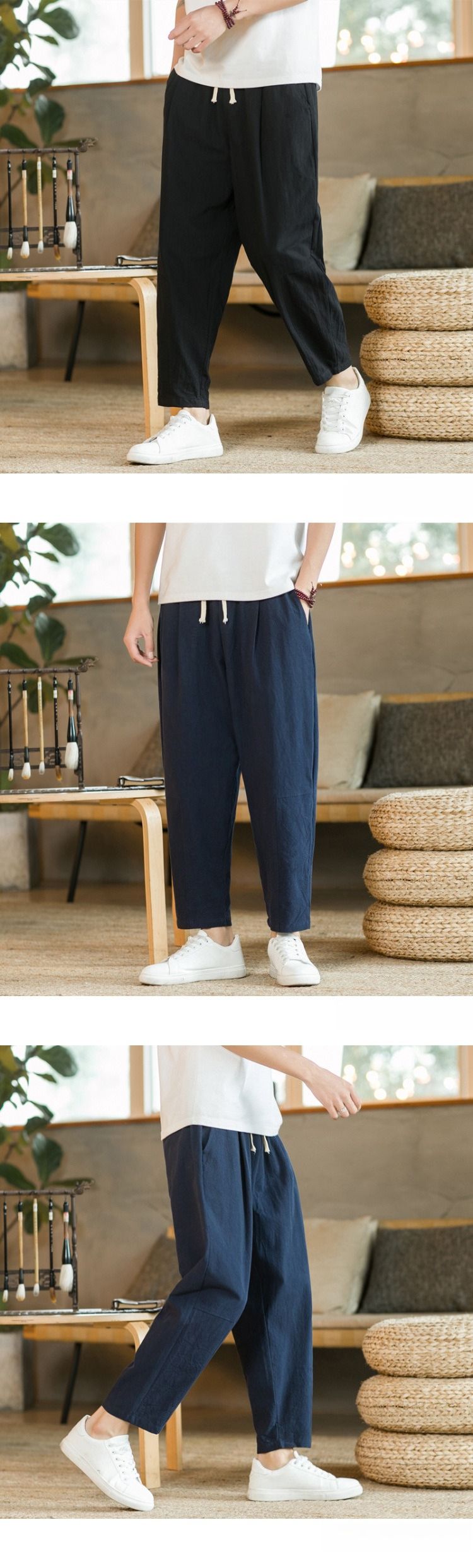 Pantaloni larghi leggeri da uomo in stile pendolare coreano, design corto con elastico in vita per un utilizzo versatile_voghion.com