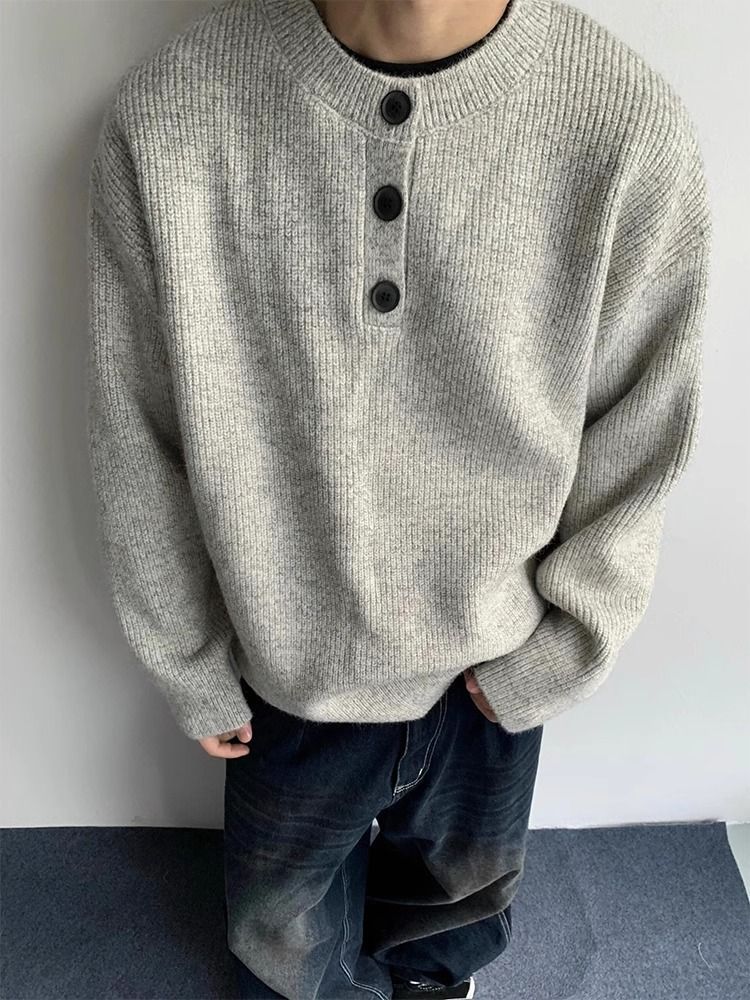 Pullover mit Henley-Kragen im amerikanischen Stil für Herren, Lazy Style für Frühling und Herbst, hochwertiger Strickpullover, Cleanfit-Jacke_voghion.com