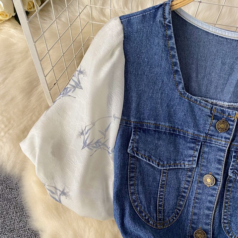 Women's summer new style design square collar puff sleeves splicing age-reducing fashion denim long skirt_voghion.com