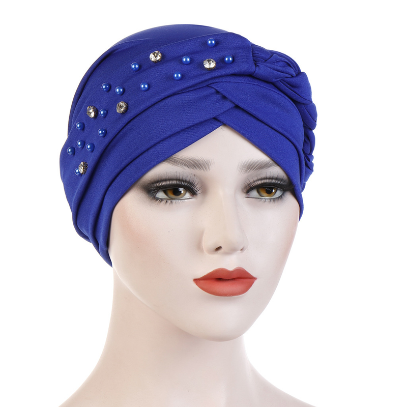 New Spring and Autumn Style Muslim Baotou Hat Monochrome Single Strip Single Side Beads Drill Whip Turban Hat_voghion.com