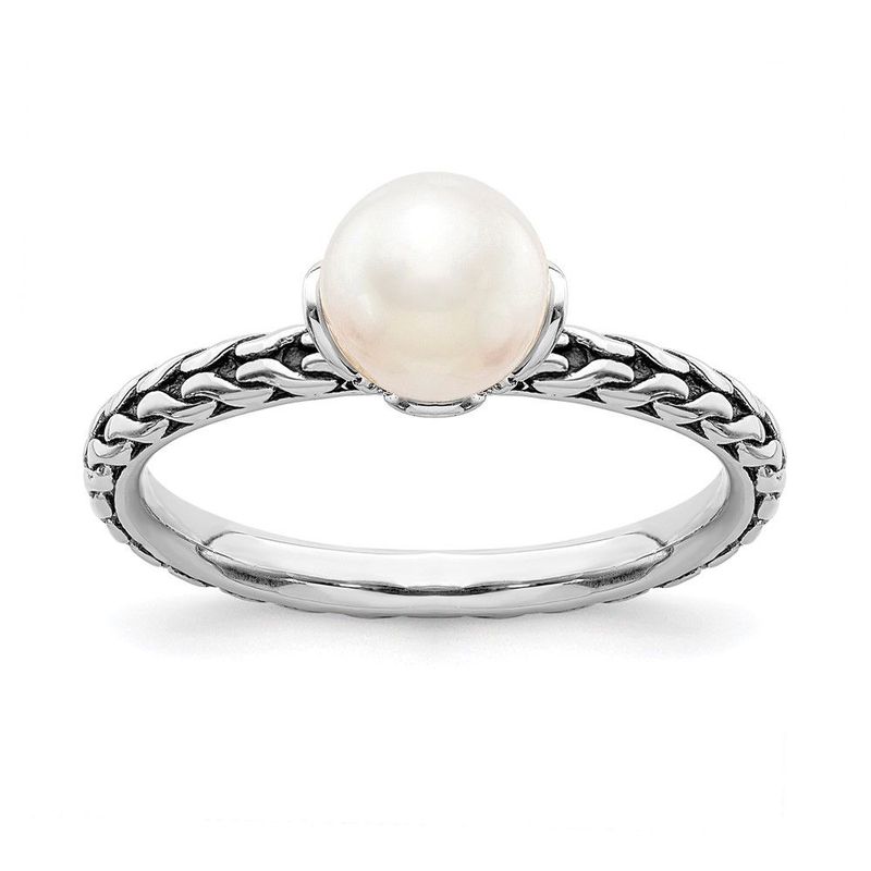 Sterling Silver Stack Exp. 7.0-7.5mm White FW Cultured Pearl Ring_voghion.com