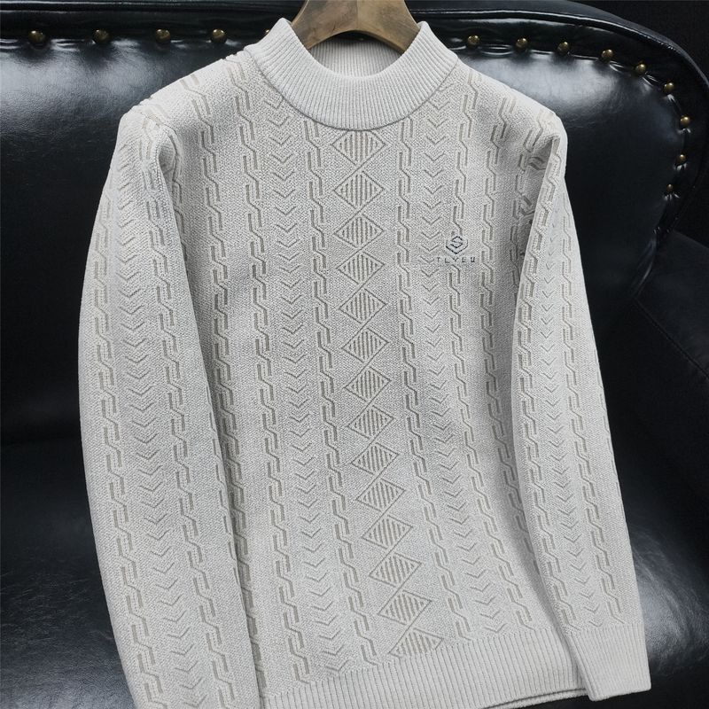Pull en grosse maille pour homme - Pull d'hiver en maille torsadée avec col rond, manches longues, coupe oversize, blanc et beige (tailles M à 3XL)_voghion.com