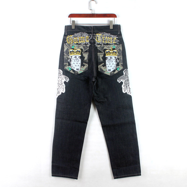 Men's Clothing Loose Straight Skateboard Trousers Embroidered Flower Wings Hip Hop Clothing Hip Hop Jeans Black And Large_voghion.com