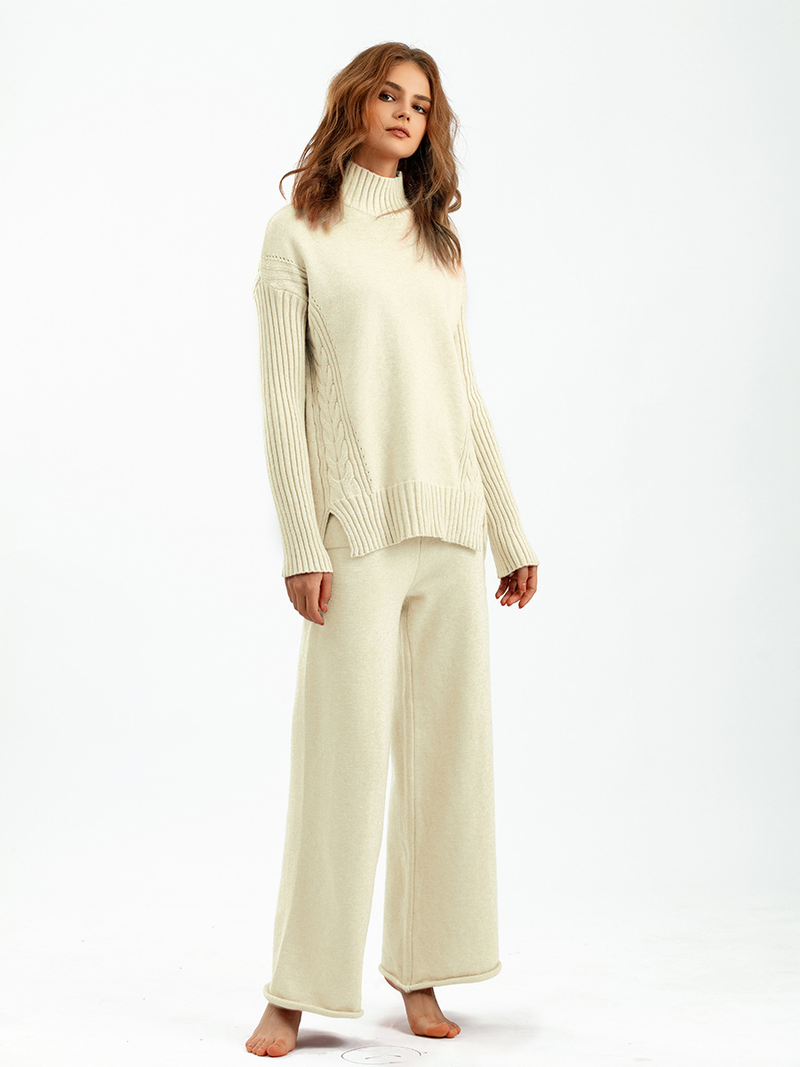 Conjunto de suéter estilo ocidental da moda feminina, calças de pernas largas, conjunto de duas peças_voghion.com