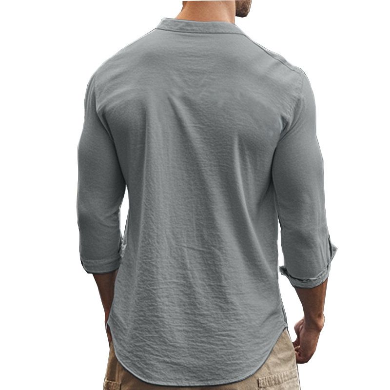 Camicia da spiaggia a maniche lunghe, semplice, traspirante, in lino, casual e ampia, da uomo, stile hawaiano, stile transfrontaliero americano._voghion.com