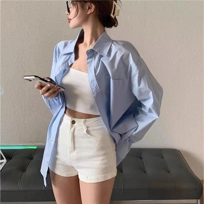 Maglietta a maniche lunghe con strato interno, da donna, con protezione solare coreana, ampia, per primavera ed estate._voghion.com