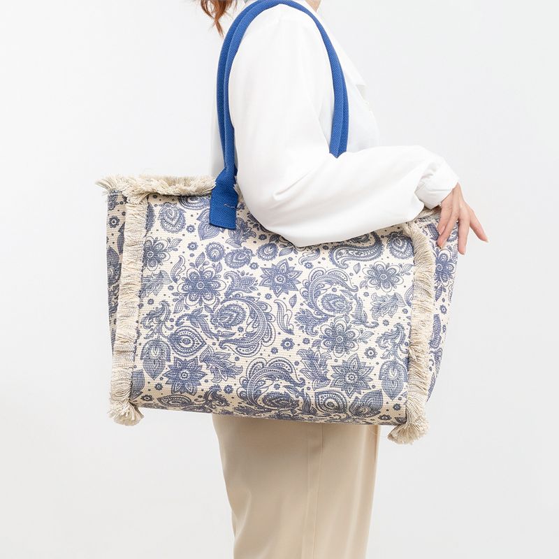 Sac fourre-tout à pompons à quatre côtés pour femme, sac à main imprimé, sac à bandoulière, sac en toile pour les vacances à la plage_voghion.com