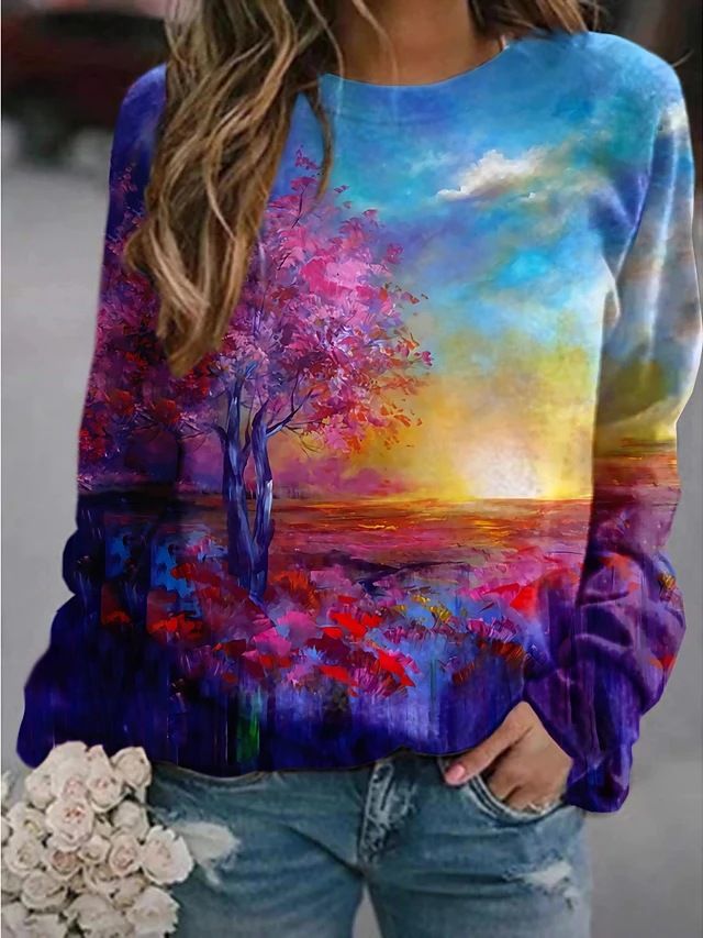 Felpa con cappuccio a maniche lunghe con stampa floreale e paesaggio da donna 2022_voghion.com